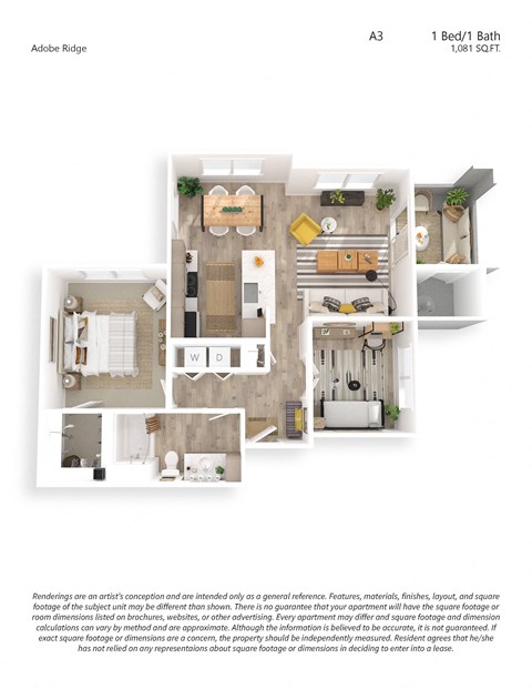 Floor plan for 1 bed, 1 bath, 1081 sqft